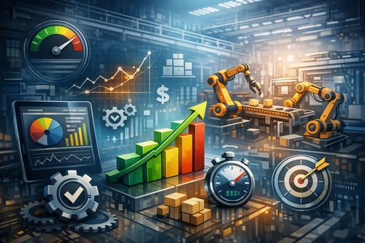 Portada del ebook de KPIs Industriales mostrando indicadores clave de rendimiento para manufactura Portada del ebook de KPIs Industriales mostrando indicadores clave de rendimiento para manufactura